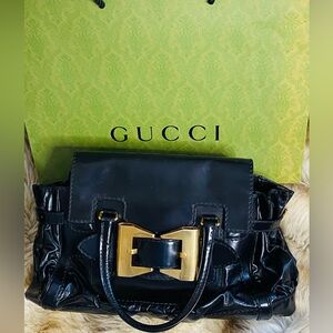 Gucci Black Patent Leather Bag with Gold Bow Buckle w Cert of Authenticity